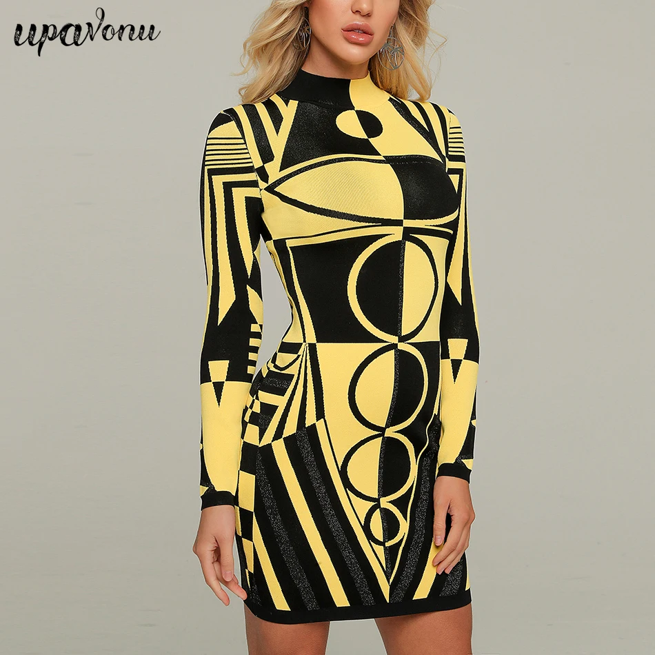 

2020 New Women's Yellow Jacquard Vestidos Geometric Long Sleeve Turtleneck Skinny Dress Celebrity Banquet Bandage Dress