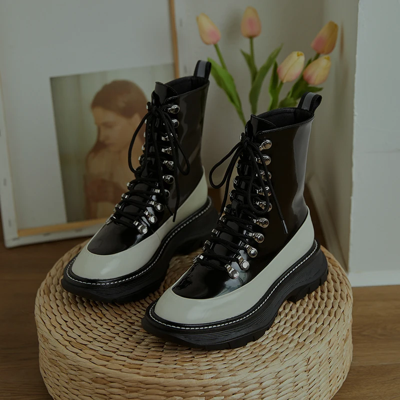 

Boots Women Ankle Boots Cow Leather Motorcycle Boots Party Night Club Shoes Woman Platform Heels ladies boots