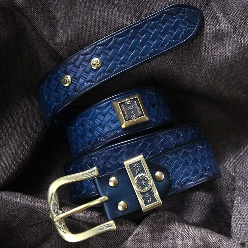 Handmade Designer Copper Button Genuine Leather Straps Man Male Belts For Women Cowhide Embossed Buckle Blue Belt