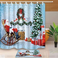 christmas decor santa claus sitting on a rocking chair beside shower curtain