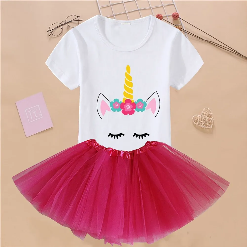 Детская одежда повседневный комплект из 2 предметов футболка с единорогом и юбка