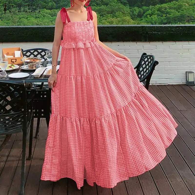 

ZANZEA 2021 Fashion Check Dress Women's Spaghetti Strap Sundress Causal Pleated Summer Maxi Vestido Female Ruffle Robe