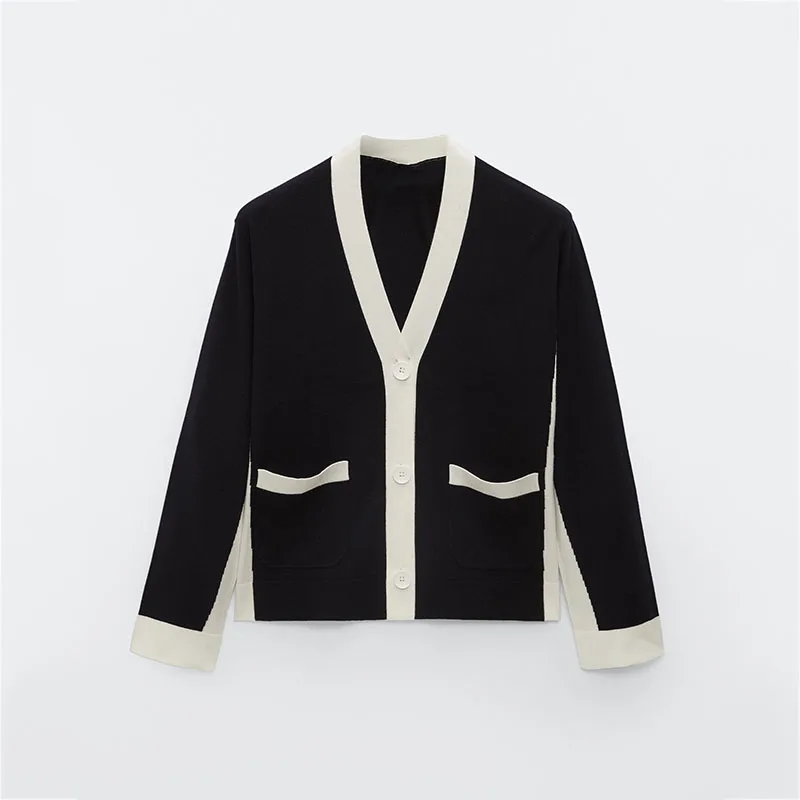 

ZA 2021 autumn new women's clothing fashion all-match casual loose temperament V-neck buckle stitching knitted cardigan