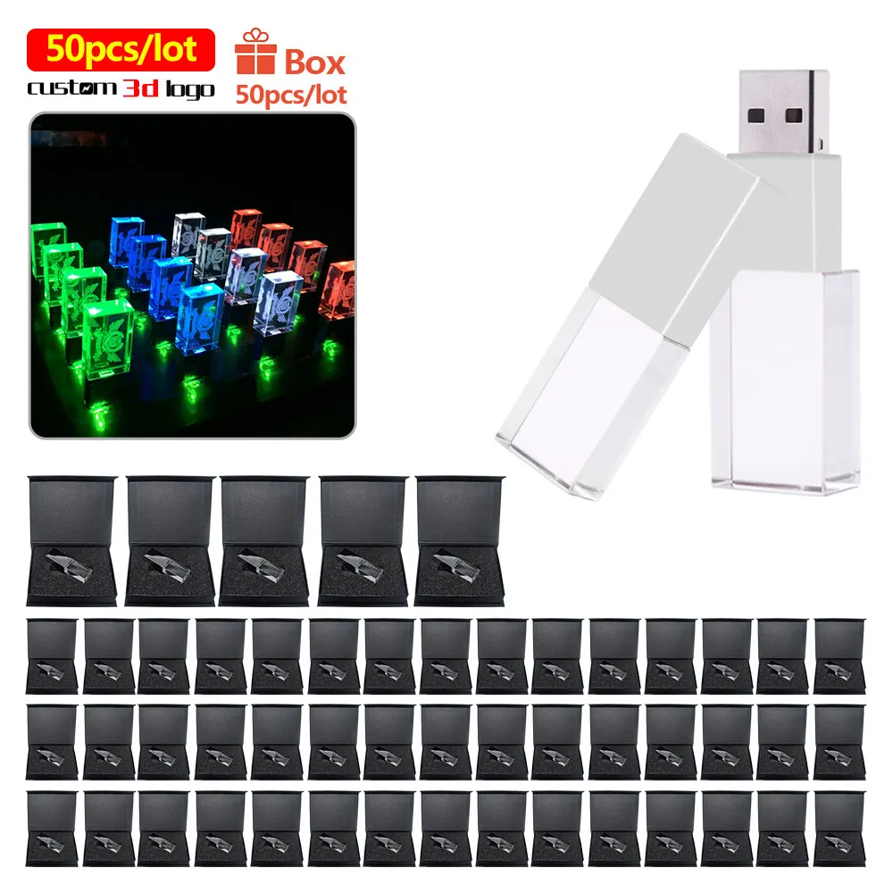 

50pcs/lot Crystal Usb 2.0 with LED Light Free 3D Logo Pen Drive 4GB 8GB 16GB 32GB USB Flash Drive Flash Disk Pendrive Best Gifts