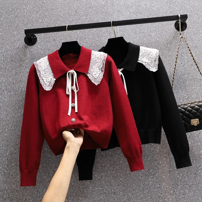 

Black Red Lace Sweet Plus Large Size Oversize Korean Style Fashion Pullovers For Autumn Women'S Clothing Ladies Sweaters 2021