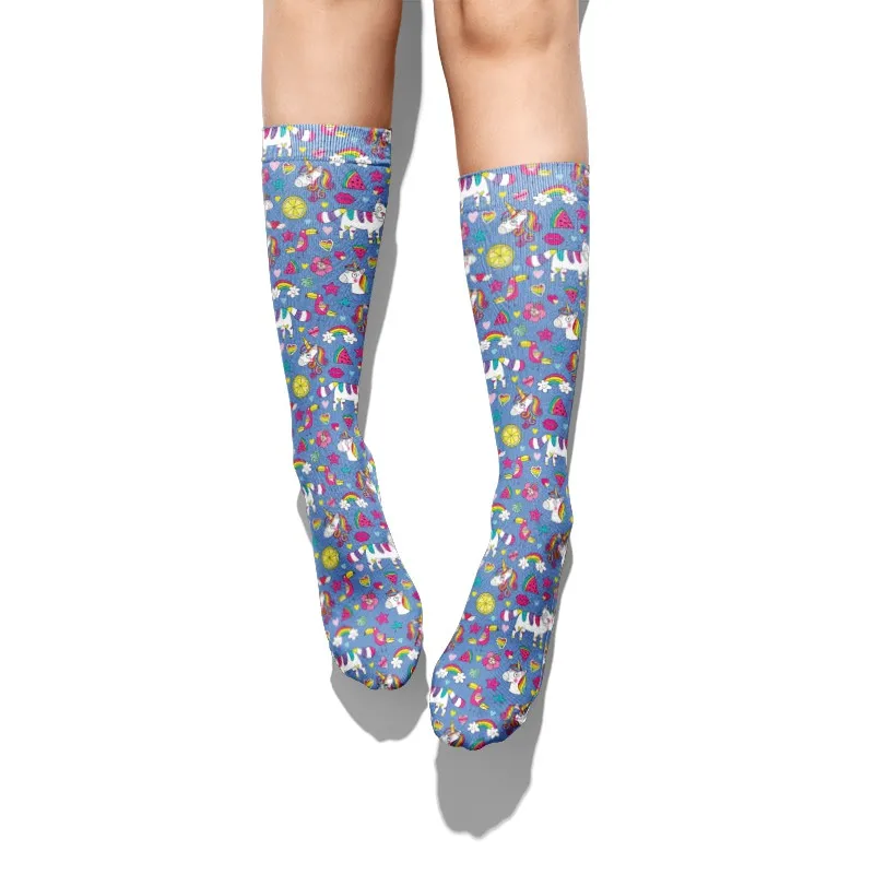 Милые женские носки с принтом единорога розовые длинные в стиле Харадзюку для