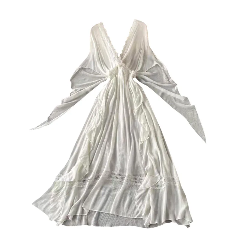 

in the summer of chic temperament joker deep v-neck accept waist backless posed dress bat sleeve chiffon dress fashion