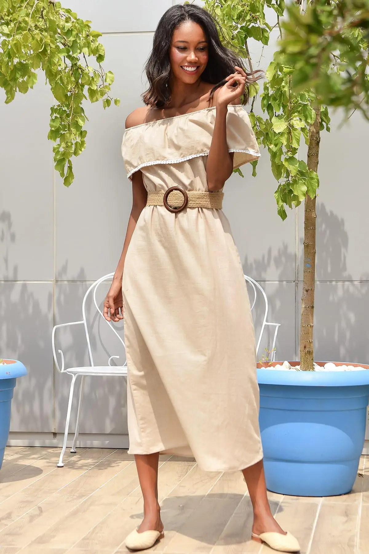 Тренд: женский светильник в стиле alacati бежевое платье с воротником Мадонны ALC