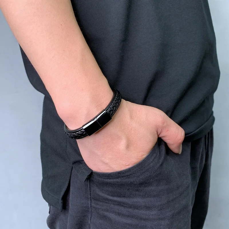 Панк мужские ювелирные изделия черный плетеный кожаный браслет нержавеющая