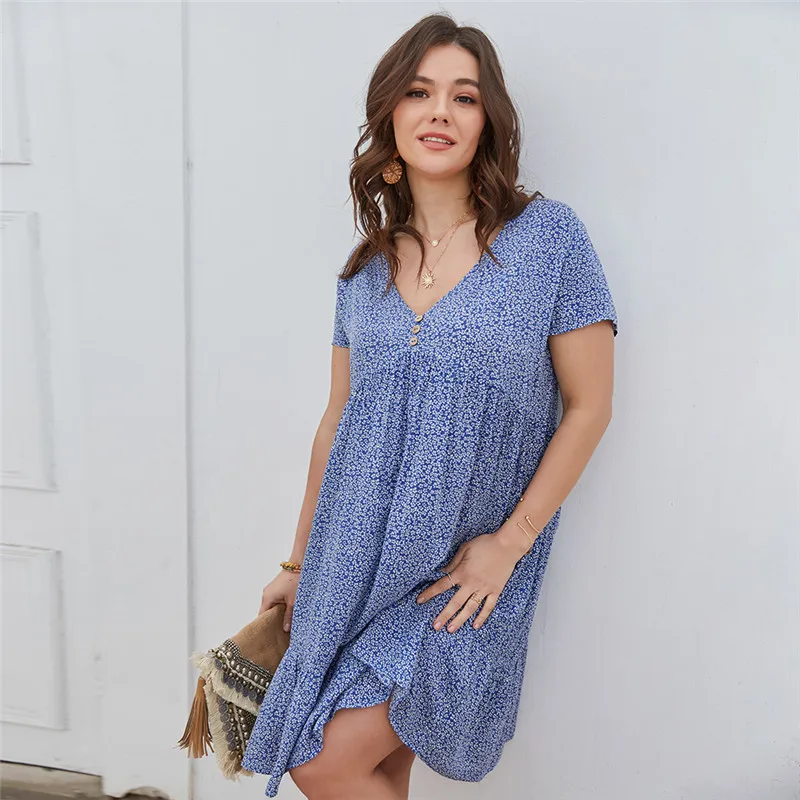 2021 nuevo vestido de verano vestido de talla grande de Playa de las mujeres vestidos de moda de gasa Floral Vestido de manga corta con cuello en V suelto vestido diario Mujer
