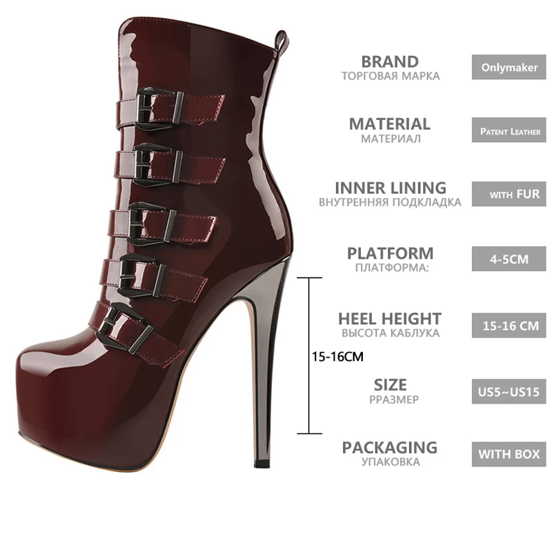Onlymaker Women's Round Toe Wine Red  Platform Side Zipper Thin Heel Thick Heel Short Boots Fashion Lady Booties Big Size