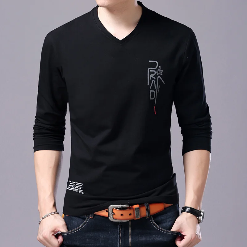 

2021 New Fashion Brand T Shirt For Men Korean Boyfriend Gift Trending Tops Streetwear V Neck Print Long Sleeve Tee Men Clothes