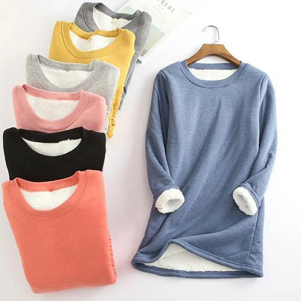 

Gentillove Winter Long Sleeve Fleece Sweatshirt Casual Warm Thick Tops Vintage Solid O Neck Hoodies Women's Slim Plush Clothes