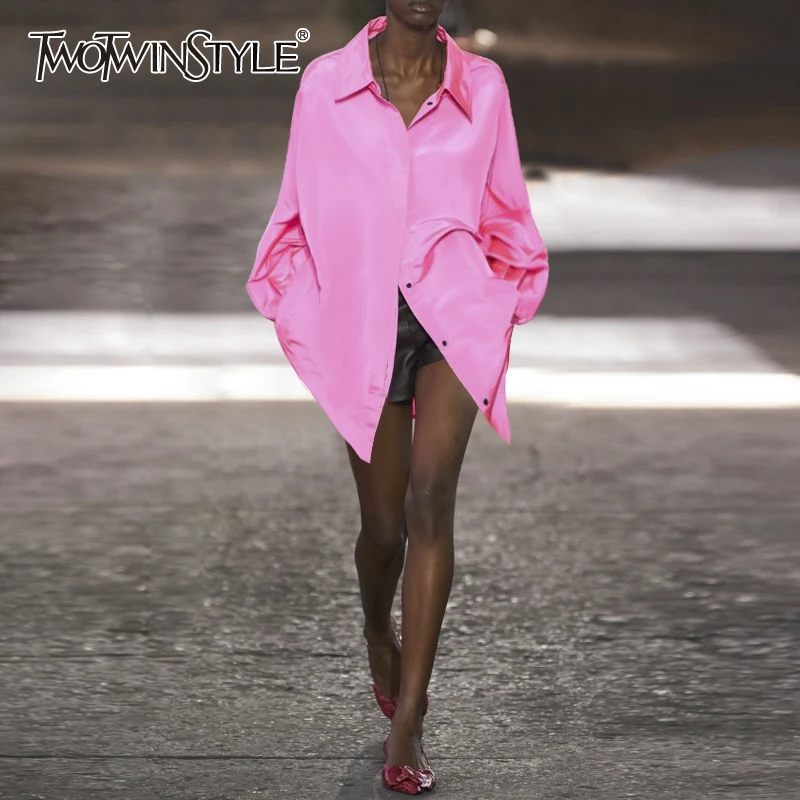 

Женское Повседневное платье TWOTWINSTYLE, свободное однотонное платье-рубашка с отложным воротником и длинными рукавами, 2021