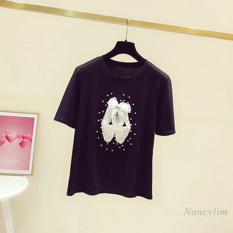 

Black T-Shirt Woman 2021 Summer New Korean Style Beads Diamond Printed Cotton Tees Girls Ladies All-Match White Tops