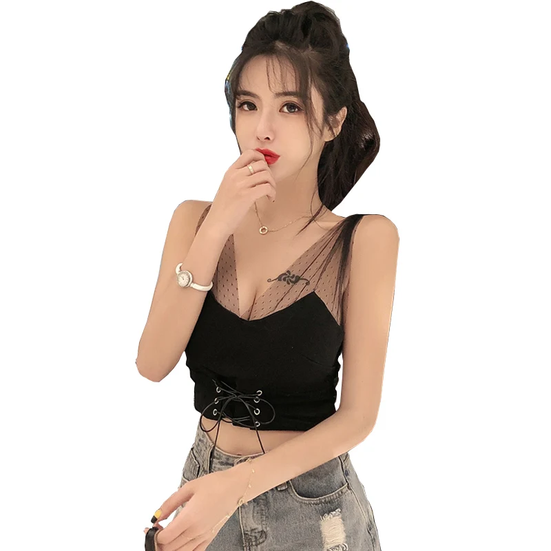 

XUXI 2020 Women New Summer Camisole Small Camisole Wild Mesh Splicing Short Nightclub Bow Sexy Sleeveless Top FZ1346