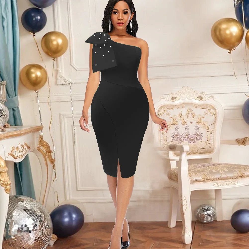 

HIGH STREET Newest 2021 Fashion Designer Women's Sexy One Off Shoulder Stitching Beaded Bow Bodycon Dress