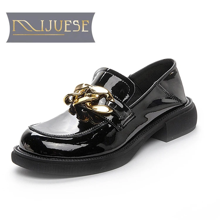 

MLJUFEE 2021 женская обувь женские туфли-лодочки; Обувь из натуральной кожи; Сезон осень-весна круглый носок с цепями черного Цвет на платформе, т...