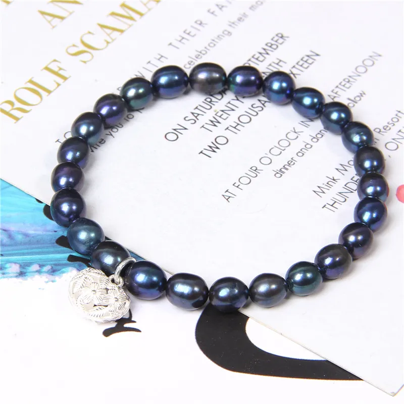 Пресноводные натуральные жемчужины черный овальный жемчуг браслеты 925 Φ для