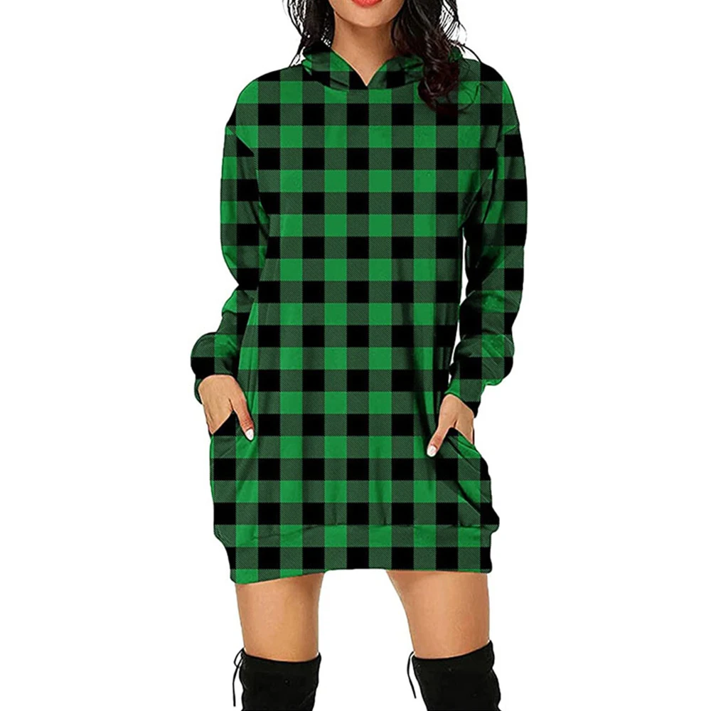 

2022 New Autumn Long Hoodies Women Casual Pocket Long Sleeve Hooded Sweatshirts Loose Oversized Plaid Pullover Christmas Hoodie