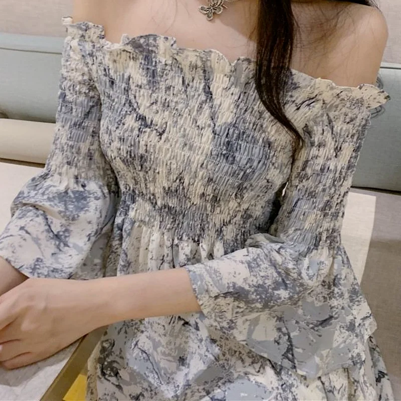 

Dresses Women Summer Students Slash Neck Flare Sleeve Chic Temperament Casual Daily Vestidos Party Elegant Design 2021 Feminino