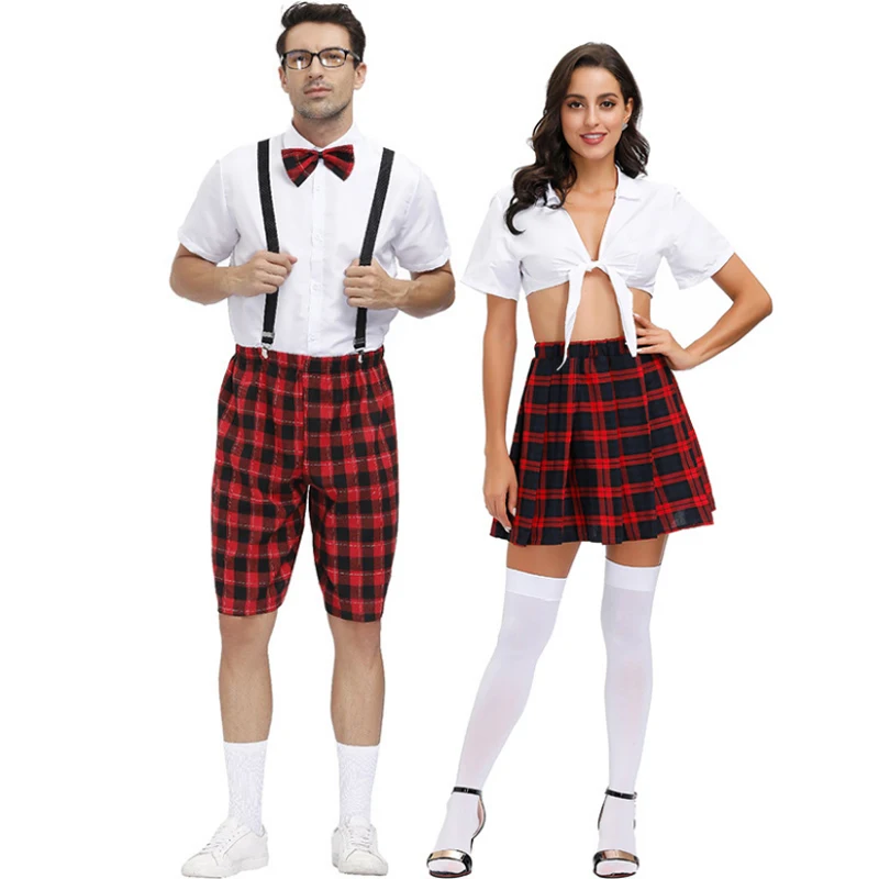 

Couple Classic Schoolgirl Uniform Costume Student Mini Plaid Skirt Club Role Play Cosplay Carnival Fancy Party Dress
