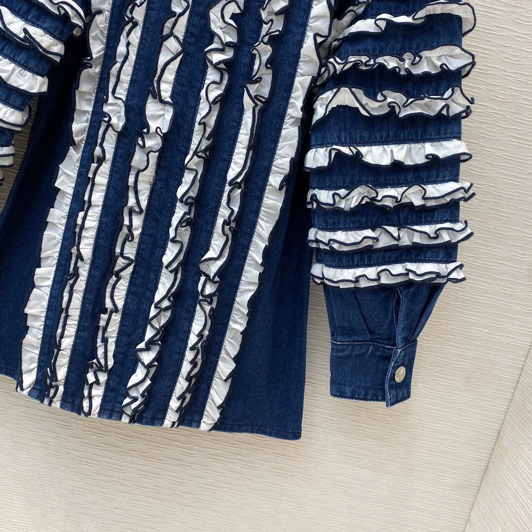 

novelty denim jacket women 2020 newest high-end designer ruffles patchwork lapel sleeve loose long coat streetwear outwear