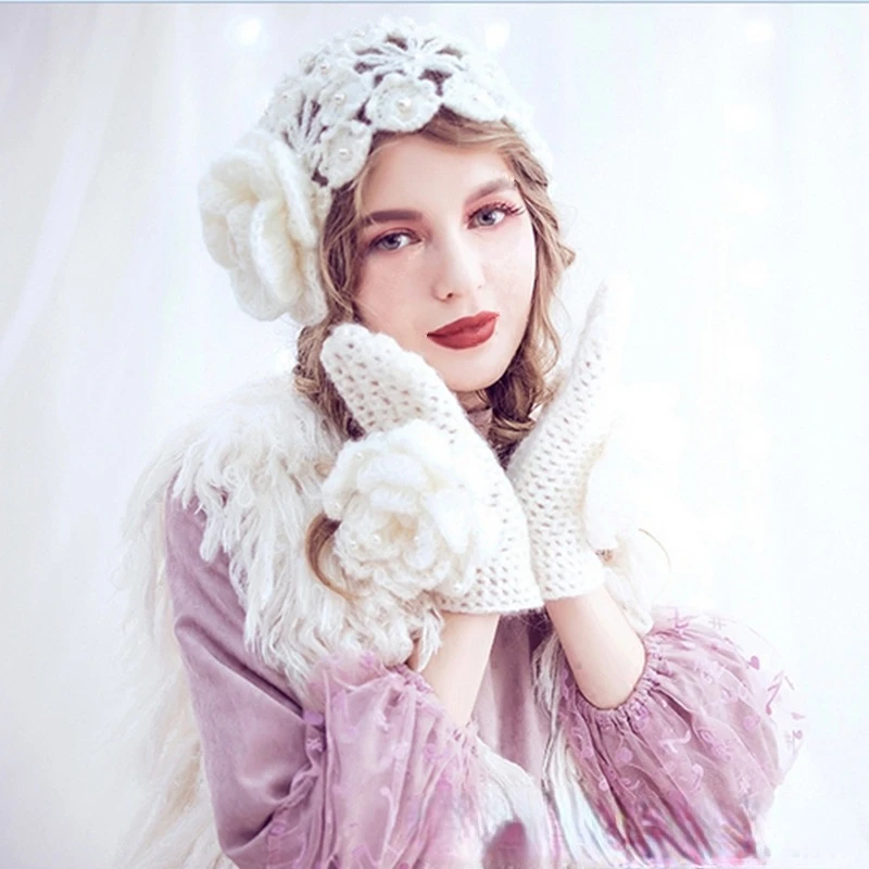 

New winter Hand-woven big Flowers Hollow Out Thin Cap gloves Lace pearl Breathable Turban Knitting Crochet Hats Women In Baotou