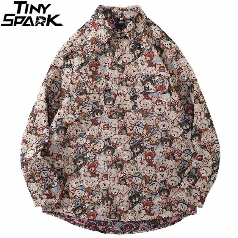 

Хип-Хоп Уличная Харадзюку рубашка винтажная Ретро забавная Футболка с принтом медведя 2021 мужская хлопковая Повседневная рубашка Осенняя р...