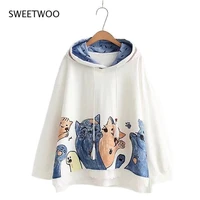 kawaii cat printed hoodies female lace patchwork hem autumn outerwear 2021 new womens funny loose hooded tracksuit sweatshirts