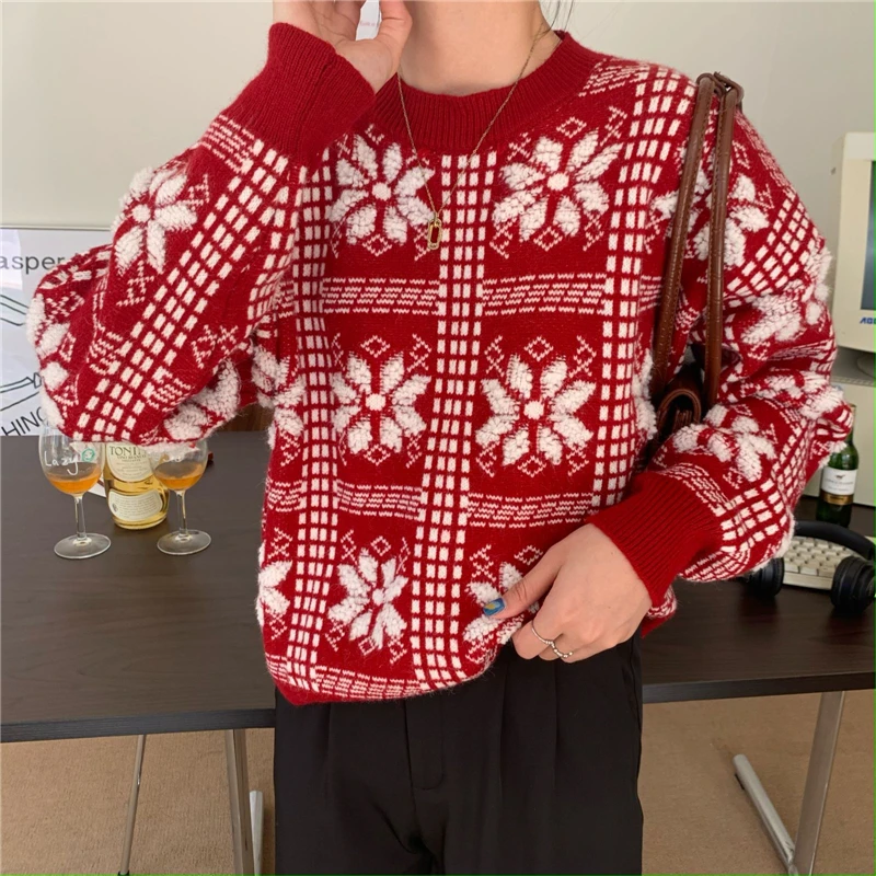 

Christmas Snowflake Sweater Women Vintage Knitted Pullover Fall Winter Warm Jacquard Weave Female Retro Pullover Knitwear Tops