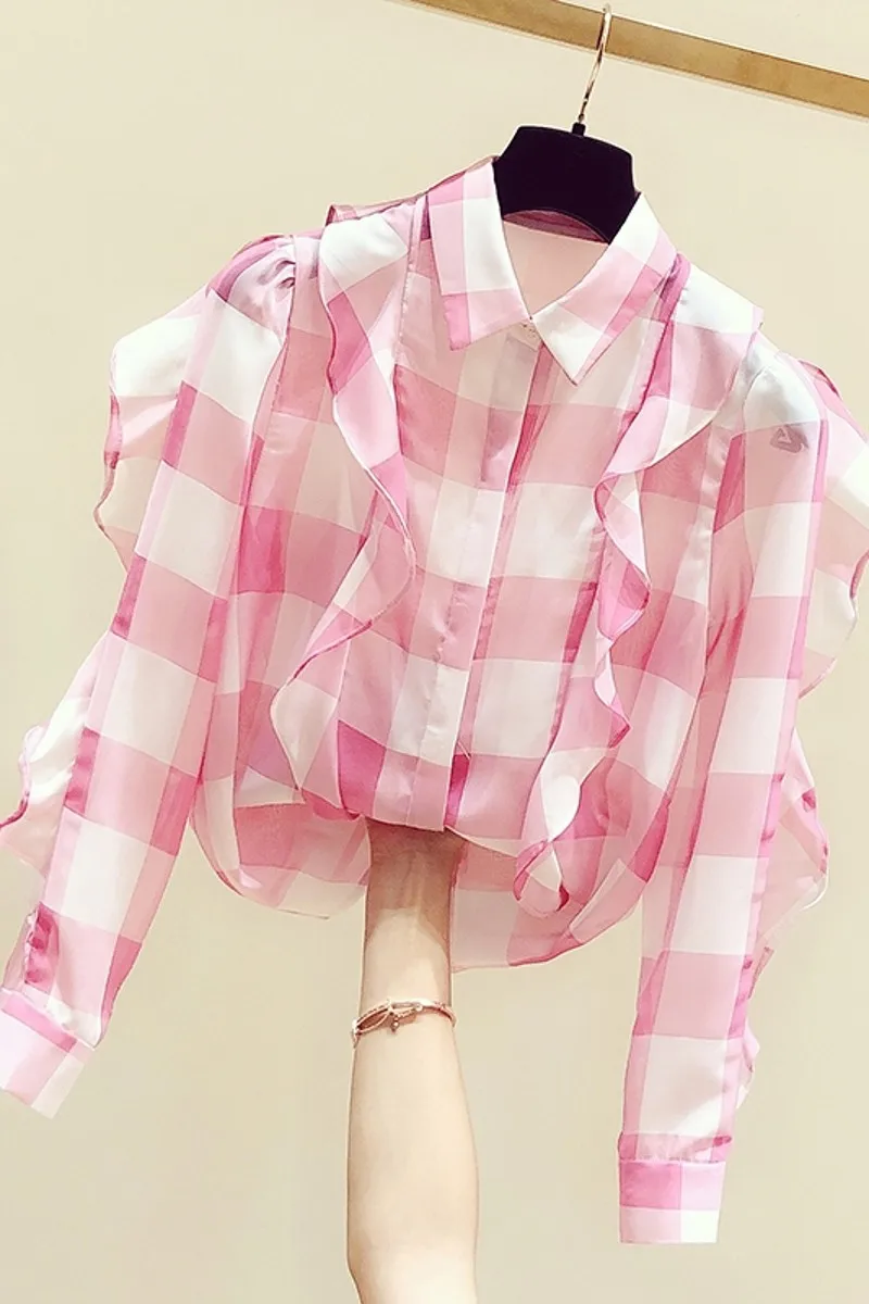 

2020 New Desicn Pink Plaid Shirts for Women Turn Down Collar Ruffles Long Sleeve Single Breasted Loose Feminine Chiffon Blouses