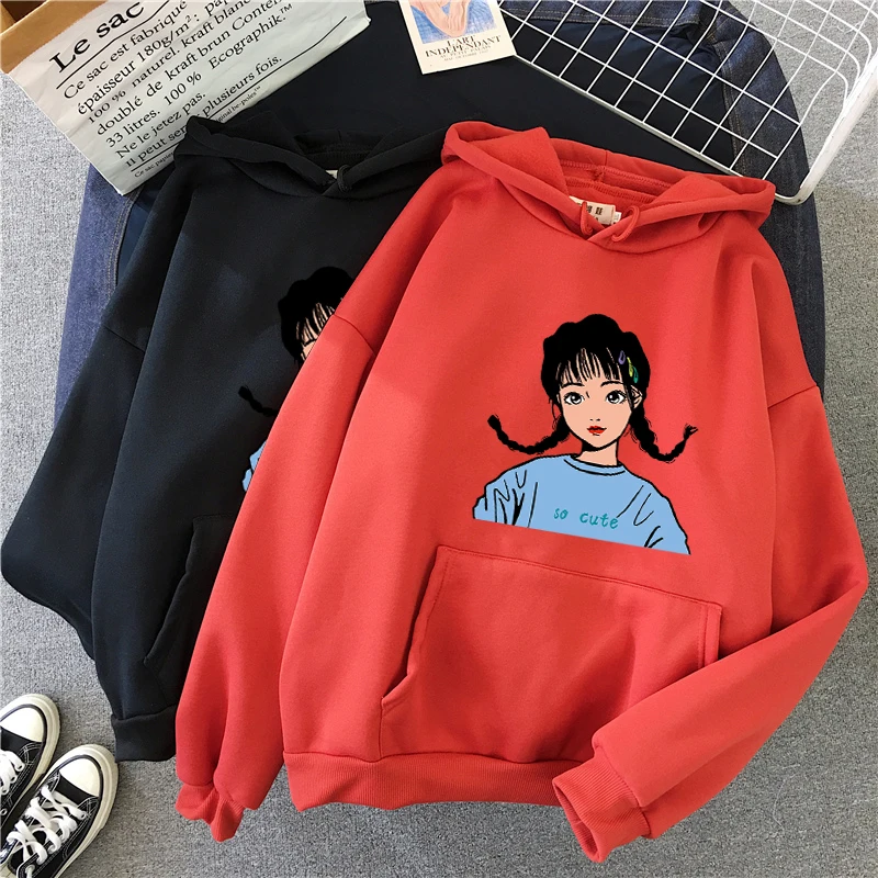 

Girls Head Pattern Autumn Winter Long-Sleeve Fleece-Lined Harajuku Hoodie Women's Clothing Casual Hooded Sweatshirt
