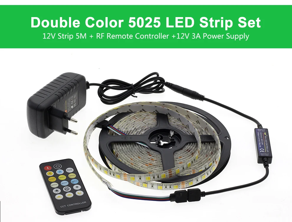 5 м холодный белый+ теплый белый светодиодный свет 5025 DC12V двойная белая гибкая светодиодная лента+ пульт удаленного управления, cct управление+ 12 В 3A источник питания
