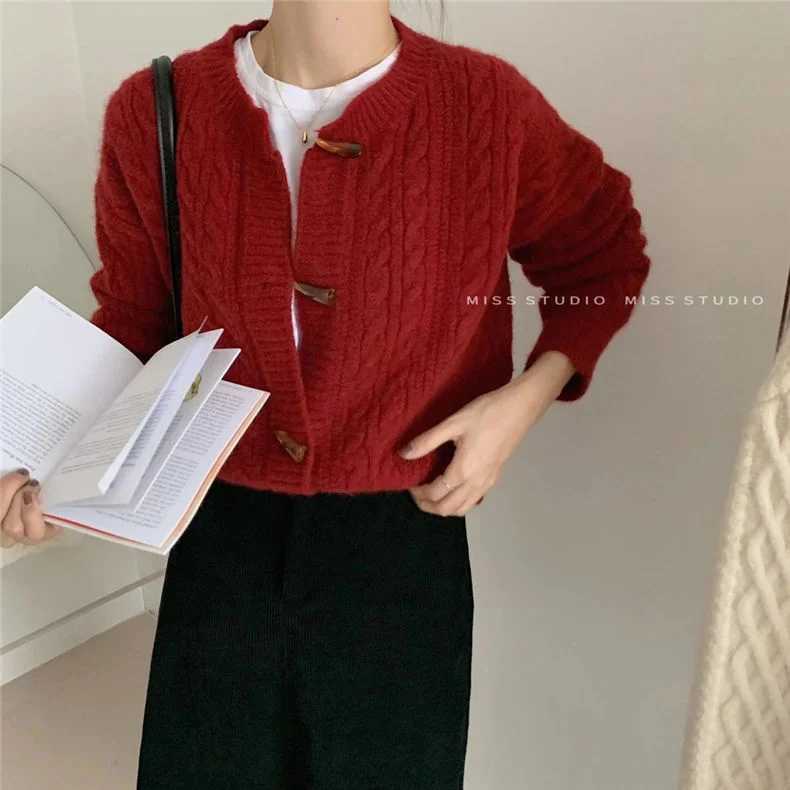 

Spring and autumn women's new Korean version of loose twist knit cardigan retro sweater coat long sleeve blouse women