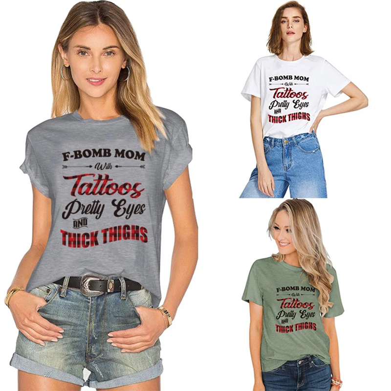 

2020 Hot Women's European and American F-BOMB MOM Letter Printed Short Sleeve T-shirt Loose Contrast Color 3D/3D Pattern Top