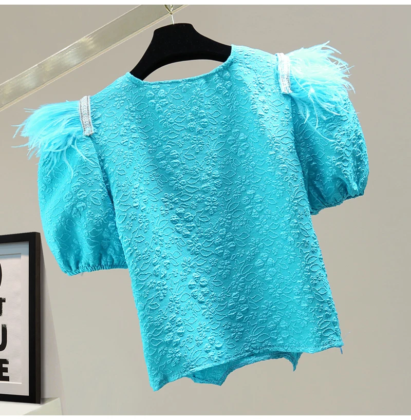 

2021 Summer New Fashion Bow Diamond Beaded Feather Stitching Shirt Women Embossed Solid Color Short Sleeve Shirt Blouse Ladies