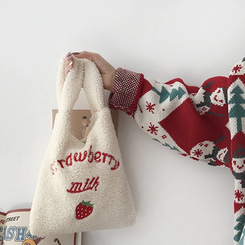 

Winter Women Small Plush Tote,Simple Warm Cloth Wrist Bags, Embroidery Handbag for Girls