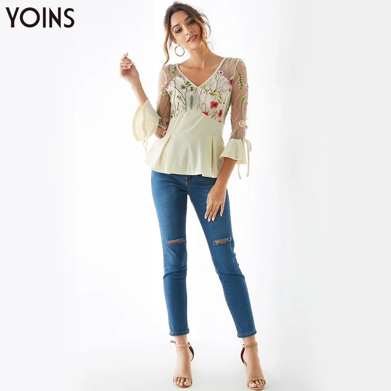 YOINS 2020 Women Blouses Bohemian Mesh Embroidered V-Neck Ruffle Hem Blouse Sexy Female Shirts Backless Blusas Casual Tops Femme | Женская