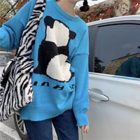 panda jacquard casual sweater women autumn winter thick warm loose outerwear pullover blue korean fashion top
