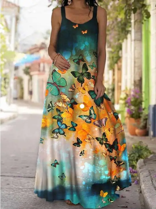 

Summer Dress Women Maxi Dresses Femme Robes Casual Sleeveless O-neck Printed Long Dress Sexy Women Clothing Vestidos Plus Size