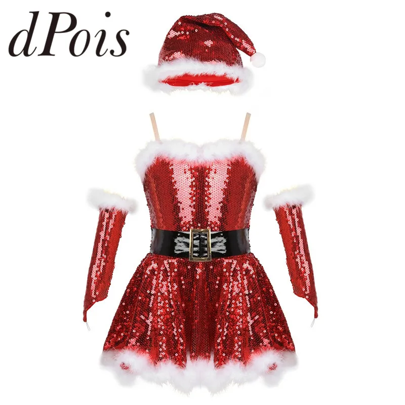 Детский Рождественский танцевальный костюм с Сантой для девочек наряд на тонких