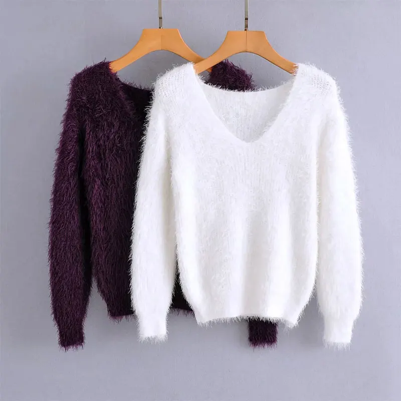 

Женский свитер с V-образным вырезом и длинным рукавом