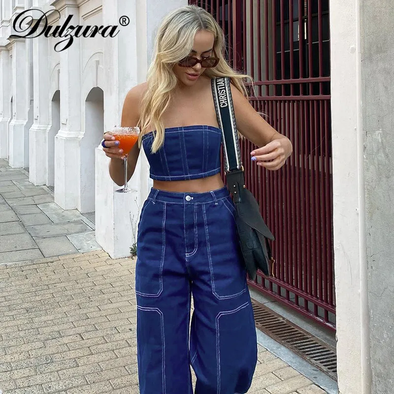 

Dulzura 2021 Summer Women Patchwork Denim 2 Pieces Tube Tanks High Waist Wide Leg Pants Set Loose Streetwear Casual Tracksuit
