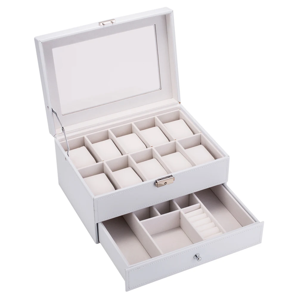 10 Slots Watch Box Mens Watch Organizer Lockable Jewelry Display Case with Real Glass Top Faux Leather White