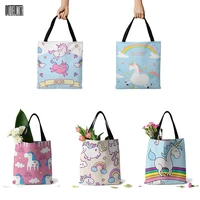 cute cartoon unicorn canvas bag women two sided printing fashion lightweight handbag large capacity foldable eco shopping bag