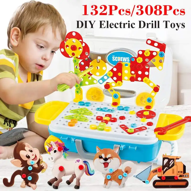 

132/308Pcs Kids Electric Drill Toys DIY Educational Puzzle Toys Children's Drill Nut Screwdriver DIY Assembled Tools Model Kit