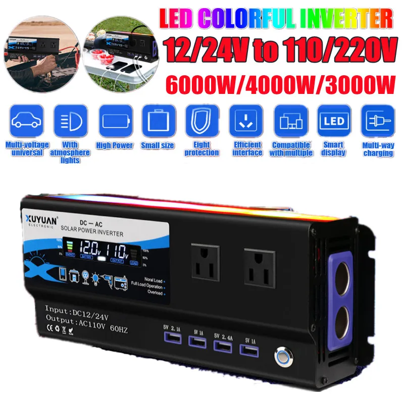 

Car Power Inverter DC12/24V to AC 220V/110V Peak 6000W LED Display Auto 4 USB Port Converter Transformer 4000W/3000W Inverter