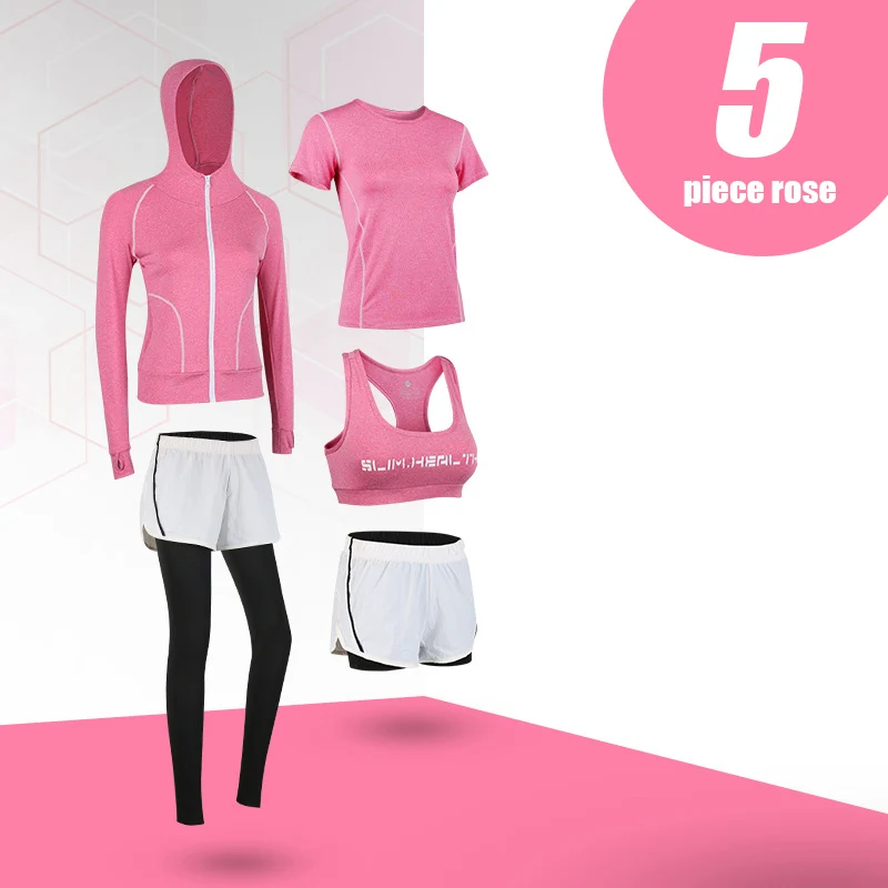 5-piece rose 5 шт. Набор для йоги для женщин одежда Бюстгальтер Спортивный Бег Фитнес Женская футболка одежда для фитнеса тренировочный спортивный костюм набор - Цвет: 5-piece rose