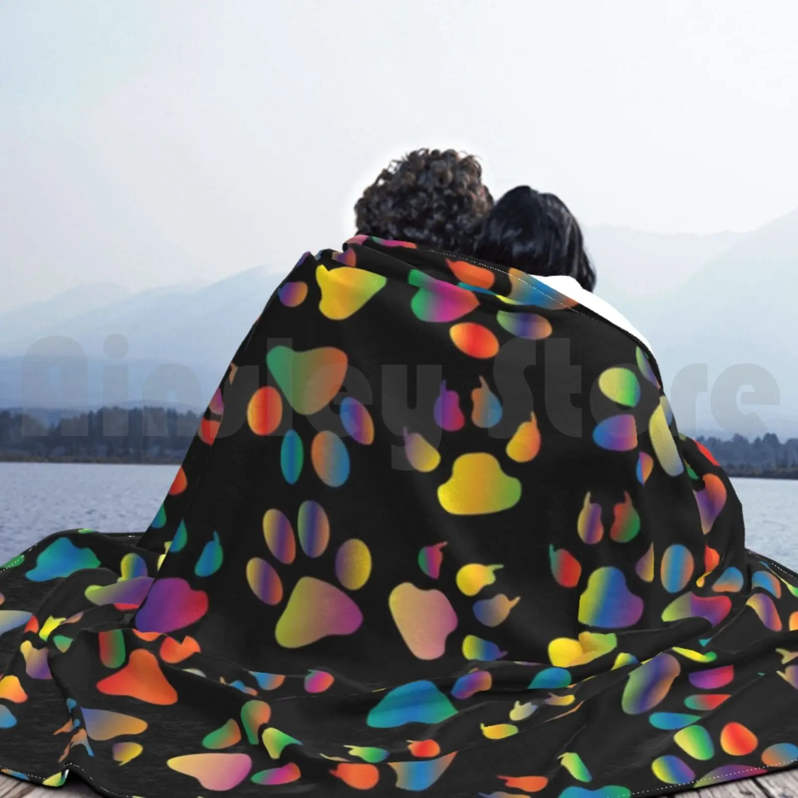 Модное неоновое одеяло Pawprint на черном фоне под заказ 1691 фотокошка котенок щенок